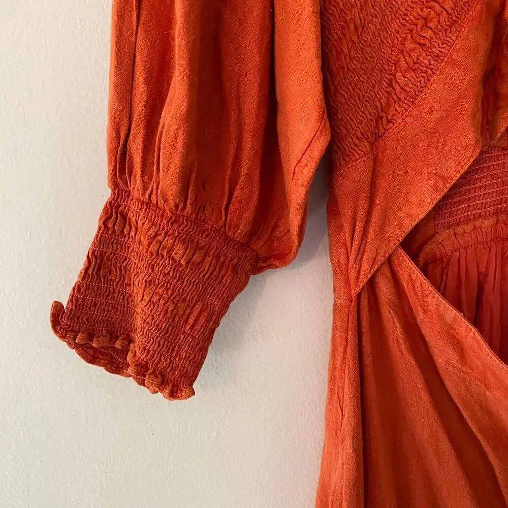 Free People Red Orange String of Hearts Button Down Puff Sleeve Maxi Dress Small